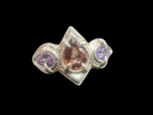 Gothic Princess Ring – 1.2CT Peach Zircon & Amethyst – Handmade 925 Silver Size 5