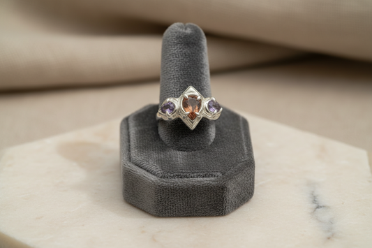 Gothic Princess Ring – 1.2CT Peach Zircon & Amethyst – Handmade 925 Silver Size 5
