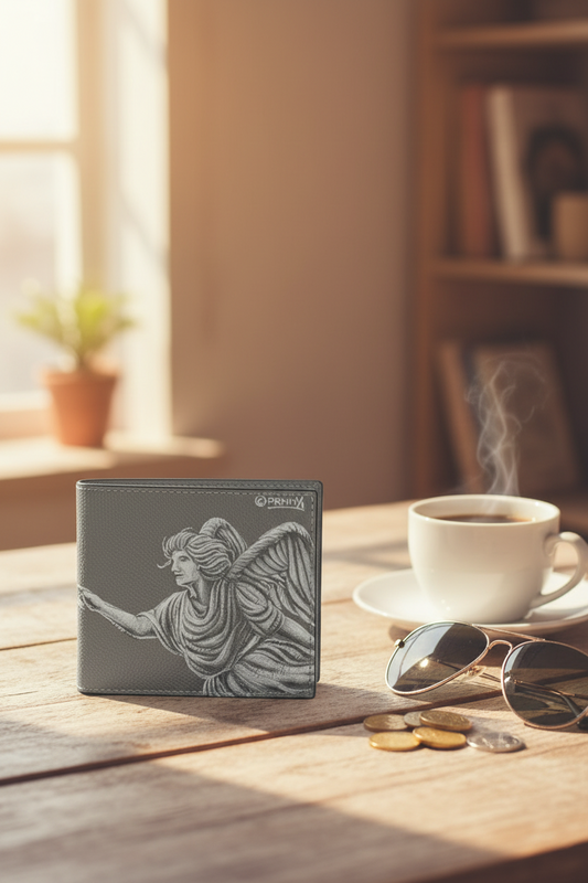 A dark gray bifold wallet with a white winged angel engraving sits on a wooden table next to a cup of coffee, sunglasses, and coins in a warm, sunlit room.