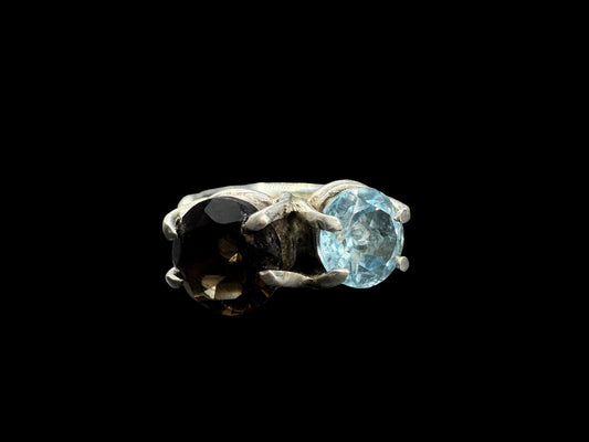 Nevada Smoky Quartz, Aquamarine & Garnet Ring Size 6