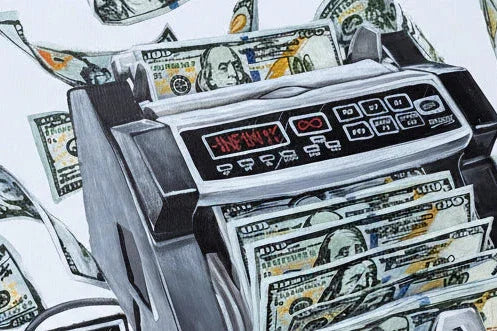 Contemporary art painting of a money counter with US hundred dollar bills scattered around.