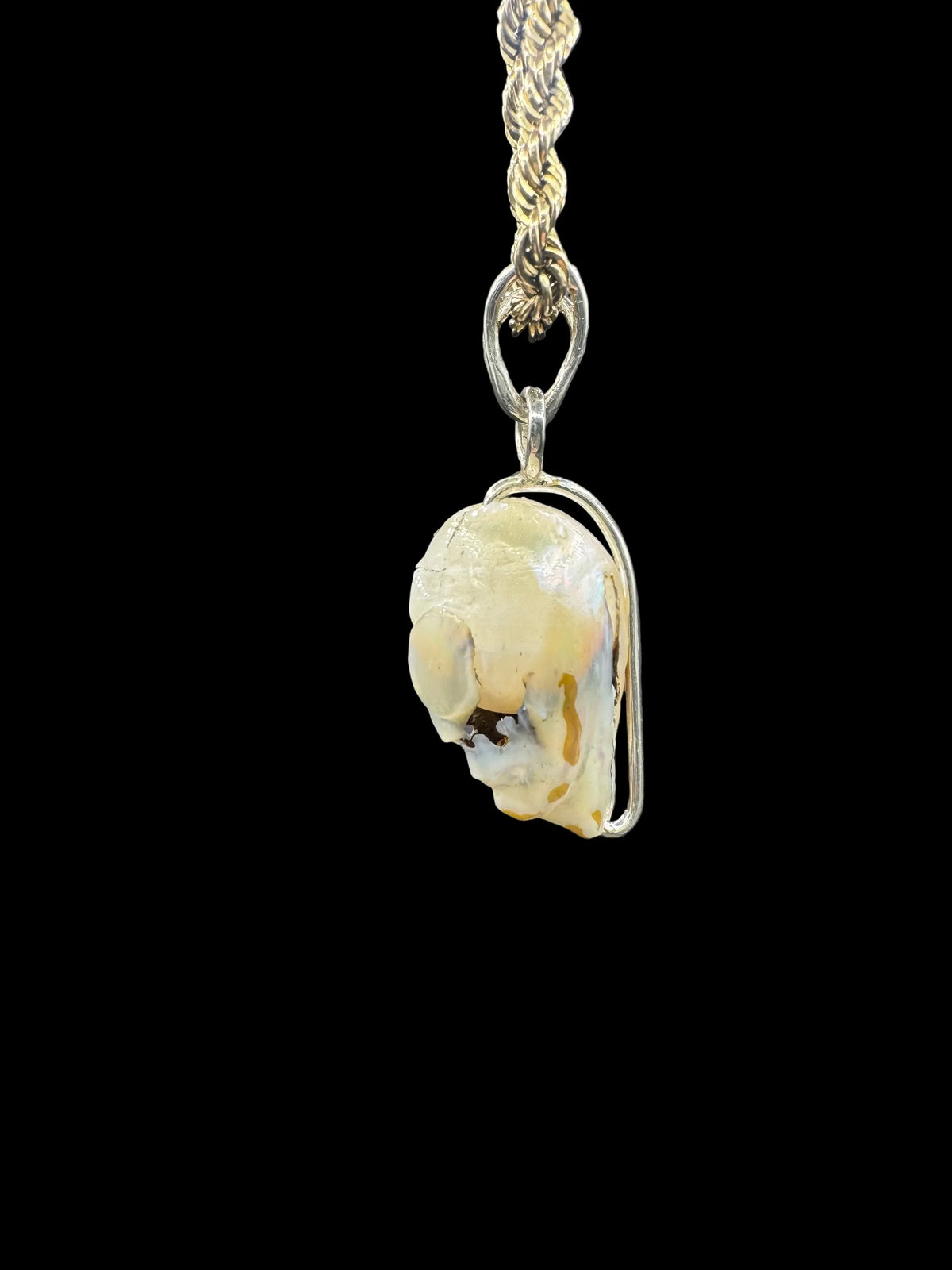 Handcrafted gemstone pendant with silver wire wrap on braided chain, fine art jewelry