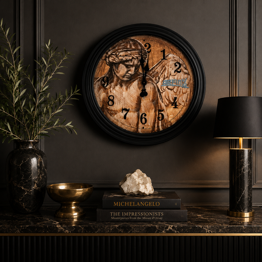 A round wall clock with a black frame and a rustic wood-grain face featuring a classical figure and Roman numerals, styled on a dark console table with a vase, gold bowl, books, and a lamp.
