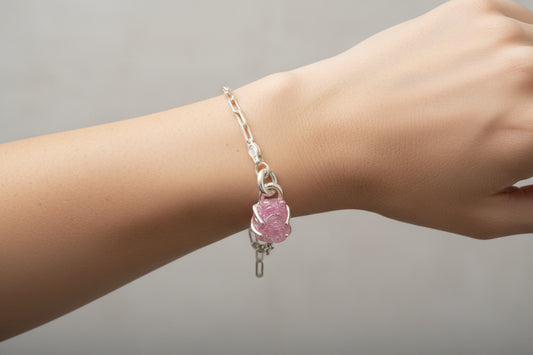 Hand Carved Pink Tourmaline Bear Charm 925 Silver Bracelet