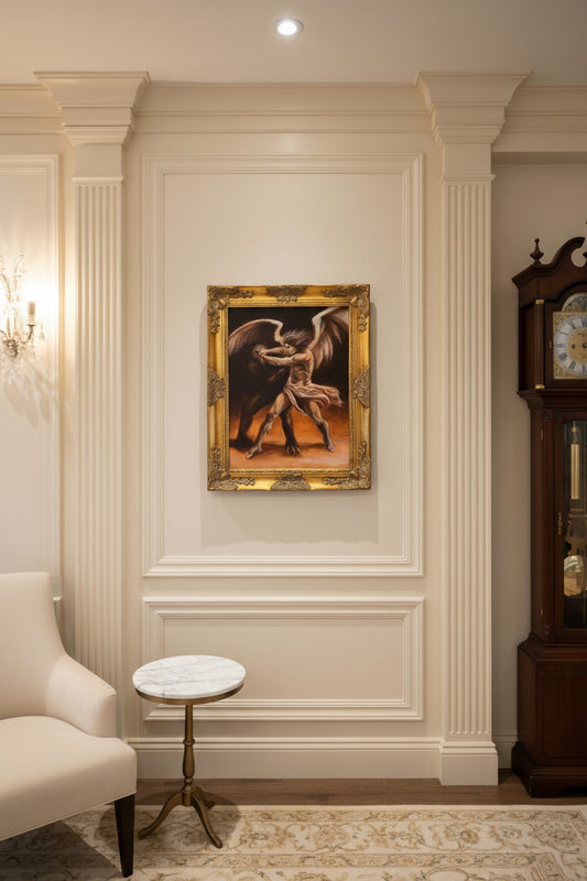 Decorative interior with a painting of an angel on a wall, a chair, and a grandfather clock.