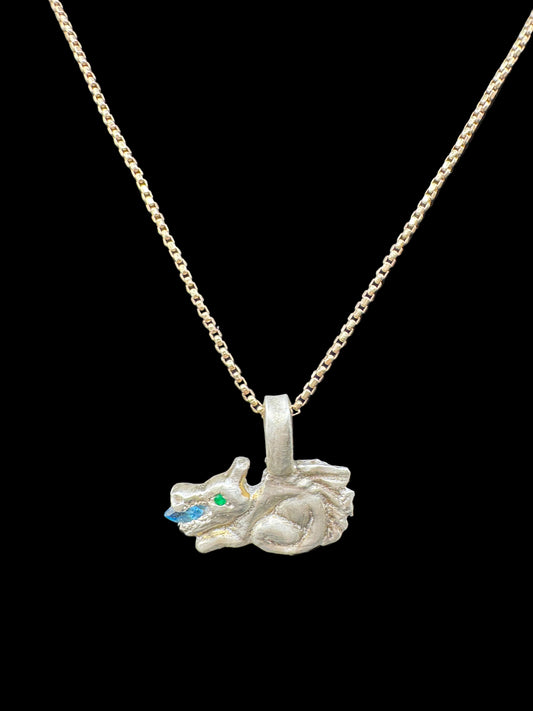 First Flame – Hand-Carved .925 Silver Dragon Pendant with Topaz Flame & Emerald Eyes