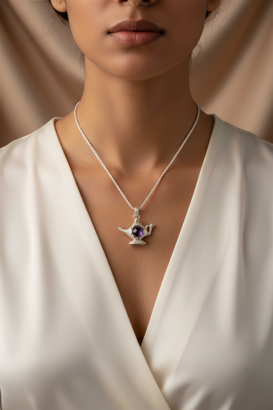 Engraved Genie Lamp — Amethyst & Hand-Carved 925 Silver Pendant