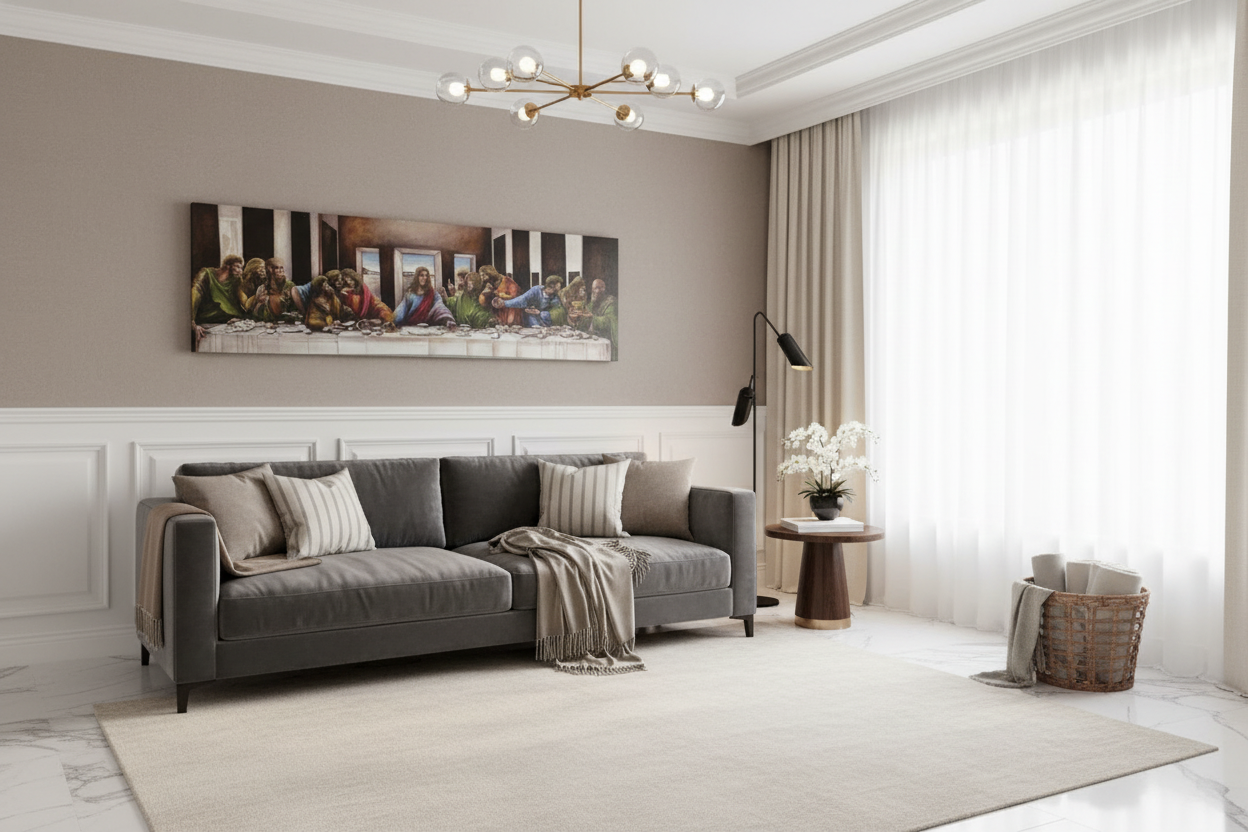 Modern living room with a gray sectional sofa, decorative pillows, and a large painting on the wall.