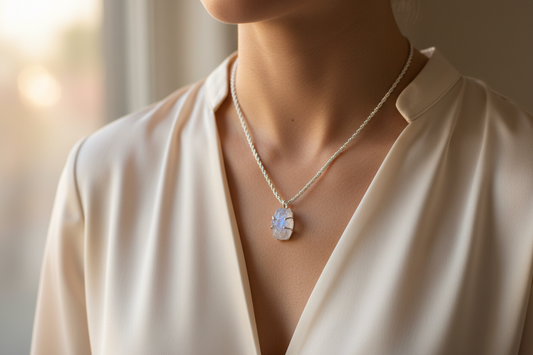 Necklace with a pendant worn by a person in a cream-colored shirt against a blurred background