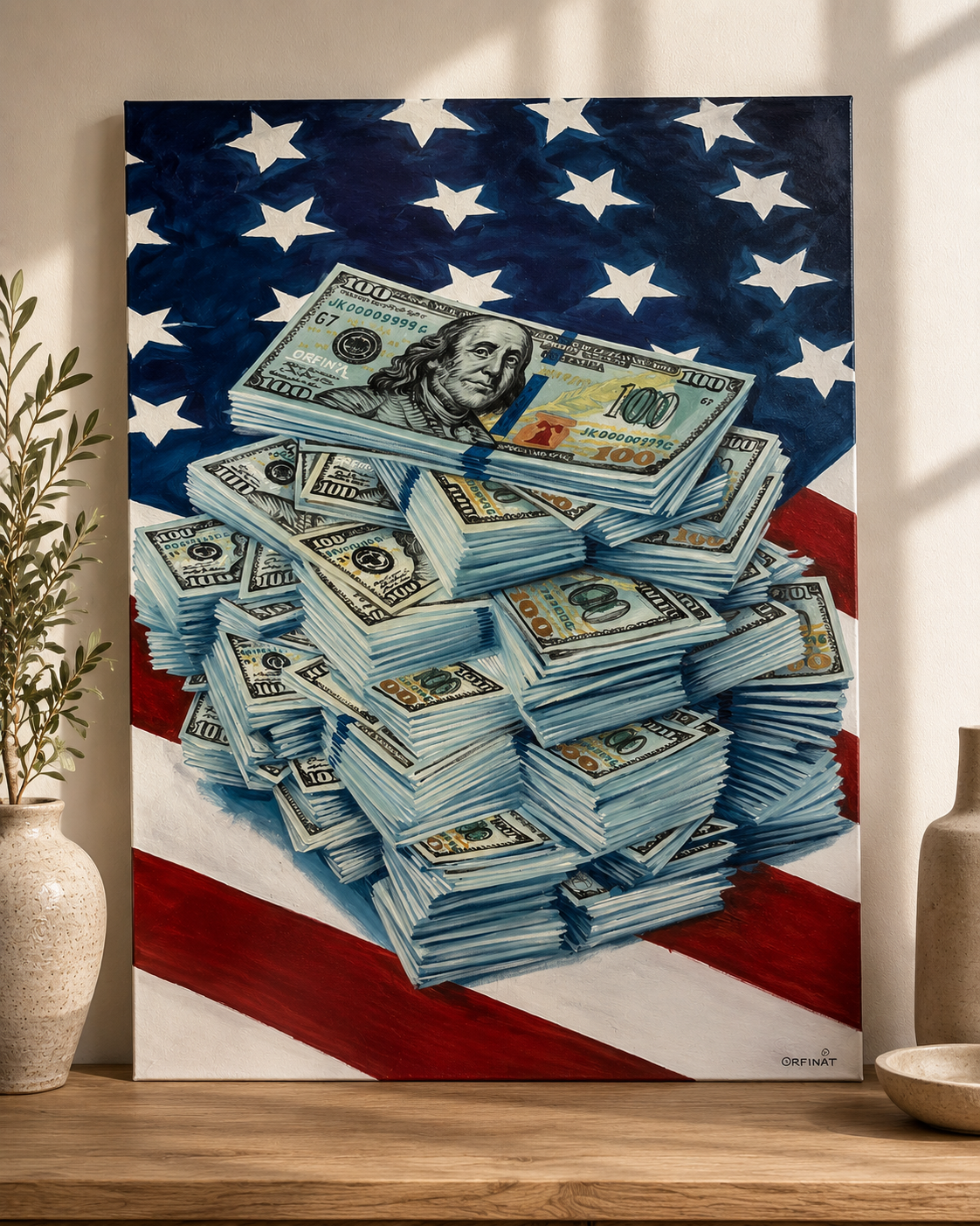 Original oil painting of stacks of hundred-dollar bills with an American flag background by Orfinart.