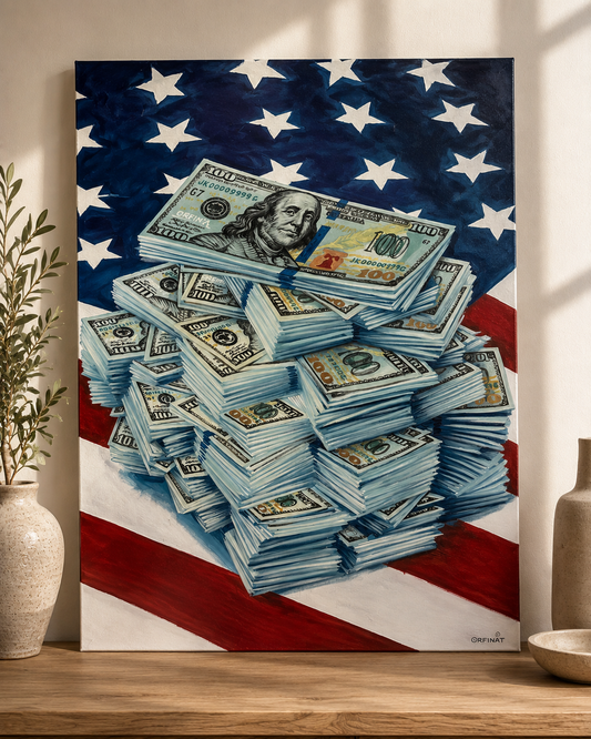 Original oil painting of stacks of hundred-dollar bills with an American flag background by Orfinart.