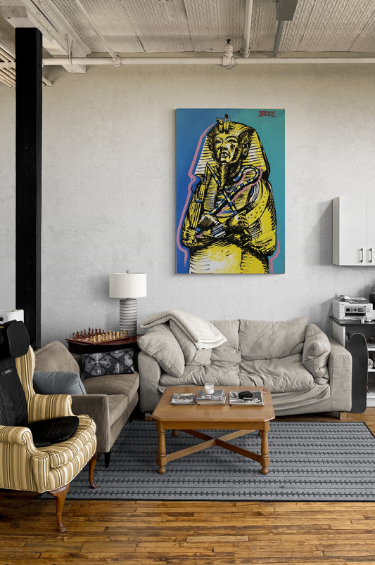 King Tut Hand-Painted Acrylic Portrait: Andy Warhol Inspired Pop Art — 2ft x 3ft