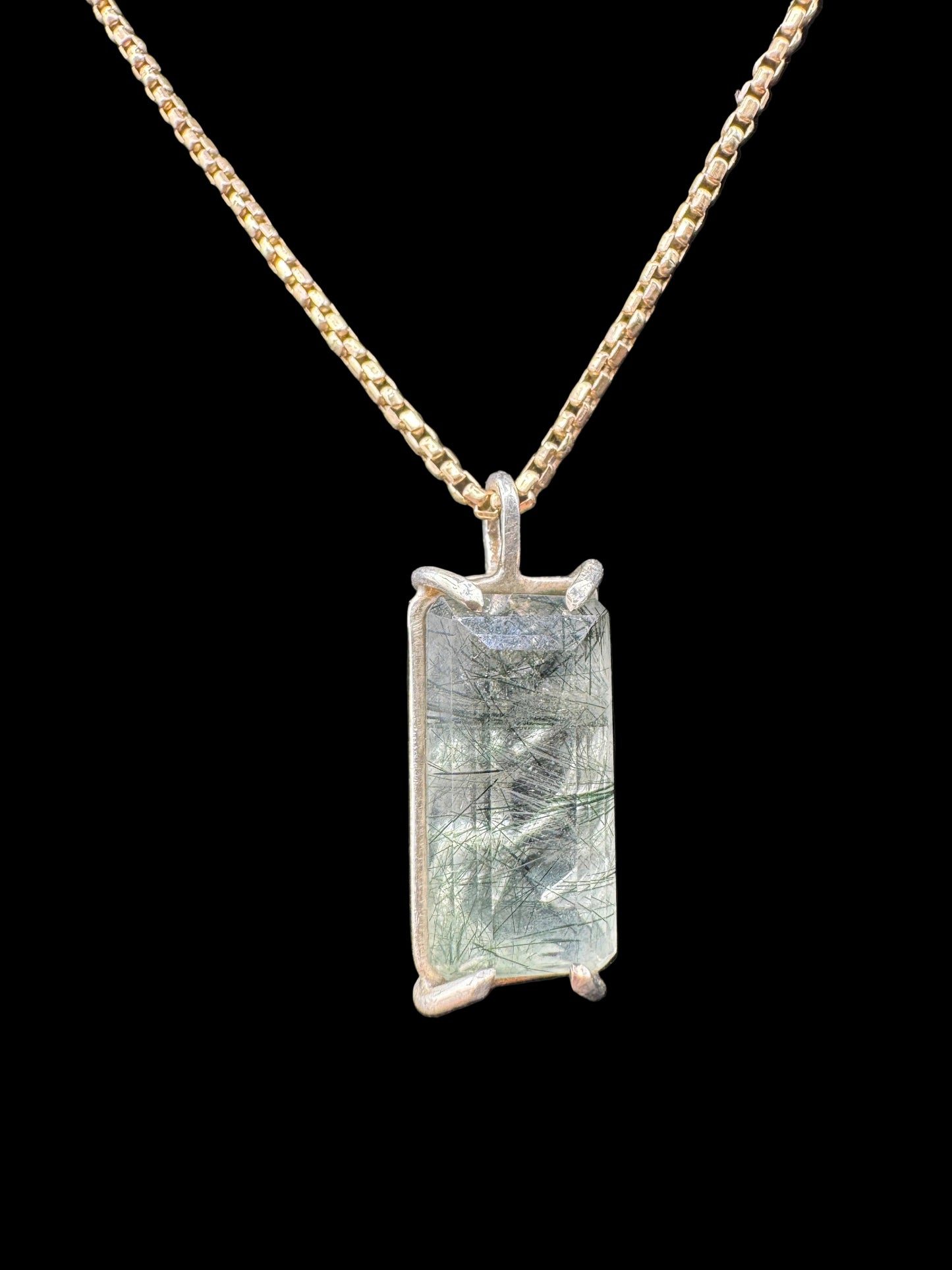 Hand-Carved Silver Tourmalated Quartz Pendant with Green Tourmaline Inclusions – Ocean Wave Design
