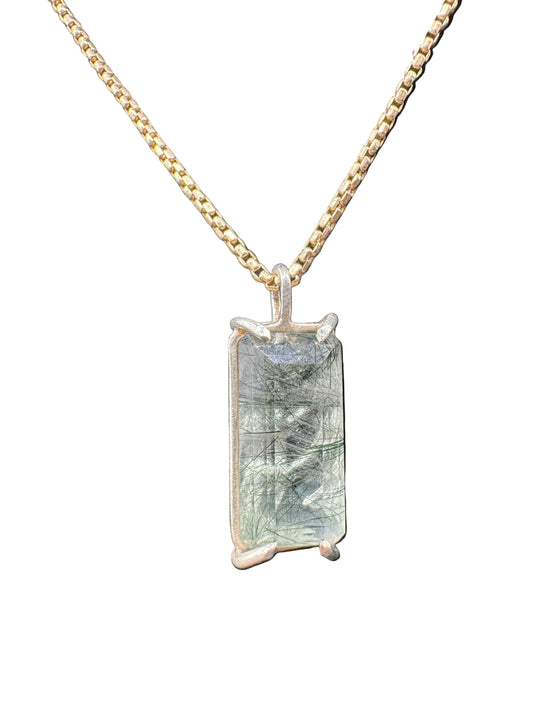 Hand-Carved Silver Tourmalated Quartz Pendant with Green Tourmaline Inclusions – Ocean Wave Design