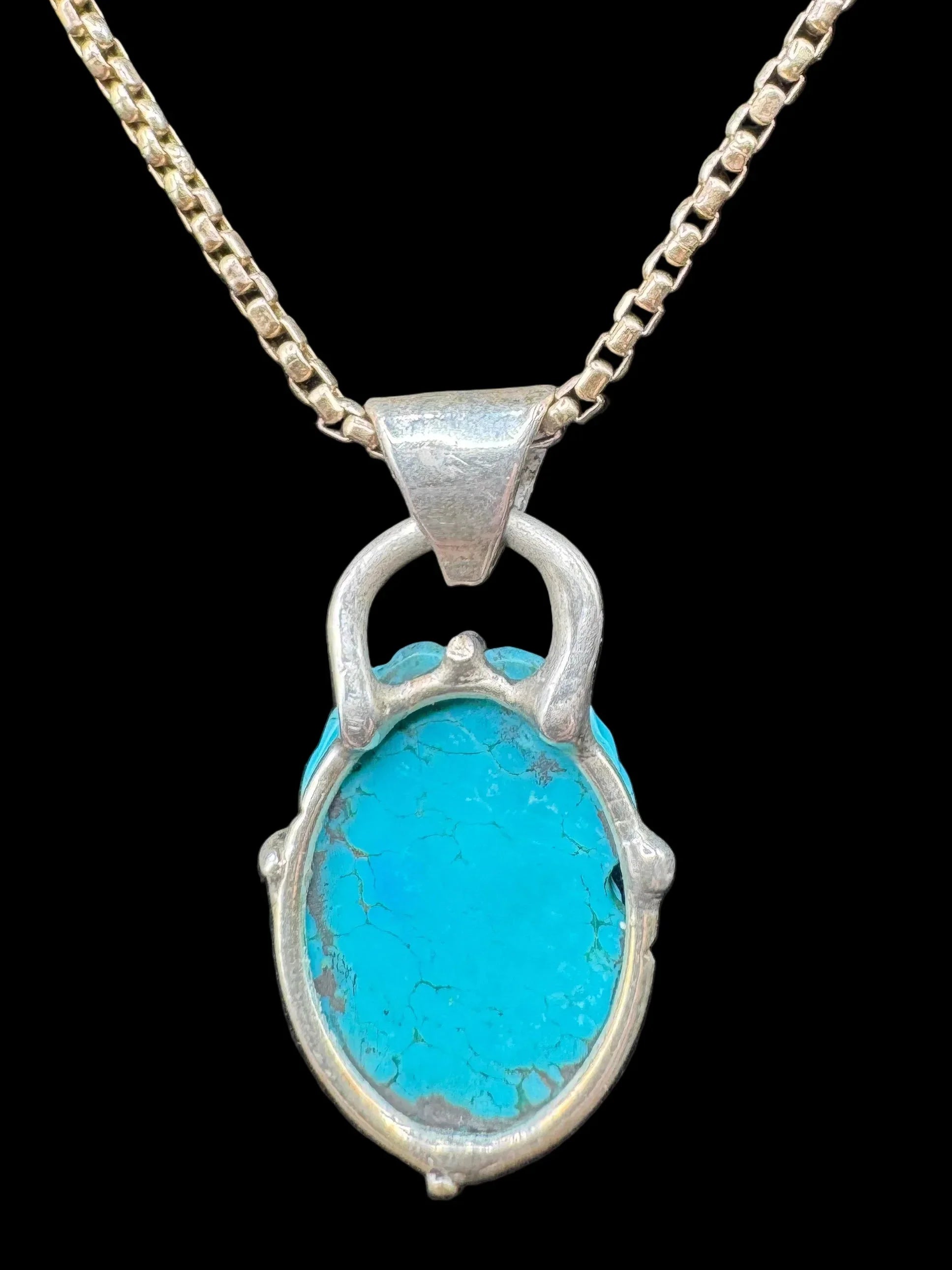 Handcrafted silver pendant necklace with large oval turquoise stone on box chain, fine art jewelry