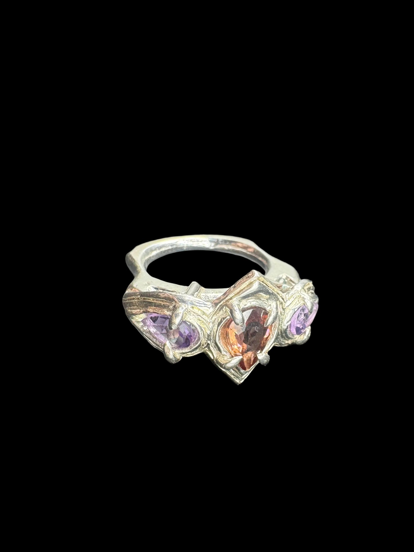 Gothic Princess Ring – 1.2CT Peach Zircon & Amethyst – Handmade 925 Silver Size 5