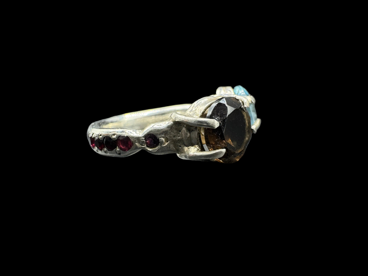 Nevada Smoky Quartz, Aquamarine & Garnet Ring Size 6