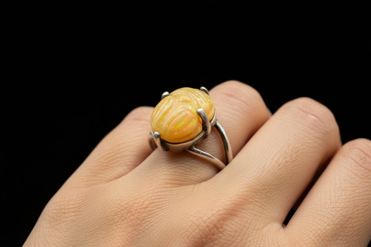 Hand carved 925 Silver Opal Scarab Ring Size 6.5