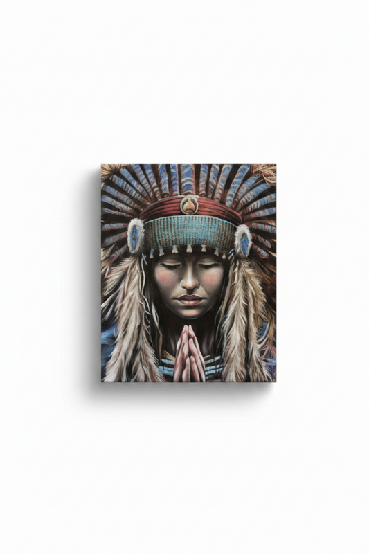 A square art print depicting a Native American figure in a detailed feathered headdress with hands pressed together in prayer, centered on a solid white background.