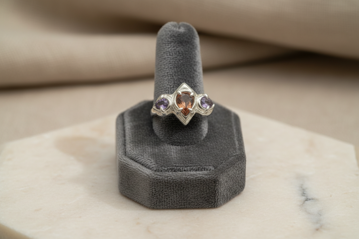 Gothic Princess Ring – 1.2CT Peach Zircon & Amethyst – Handmade 925 Silver Size 5