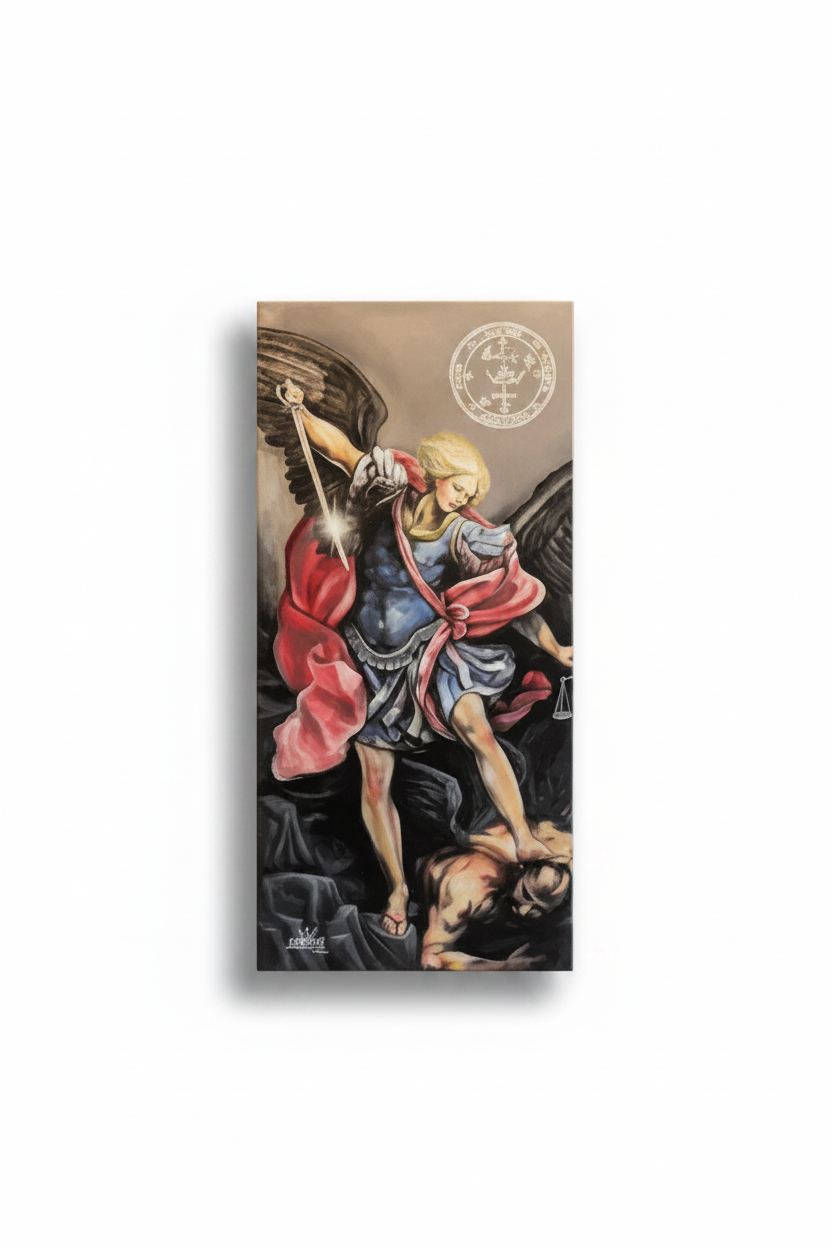 A vertical rectangular art print or poster showing a dramatic classical-style illustration of a saint or martyr with a red cloak, blue garment, and a circular emblem near the top right, centered on a plain white background.