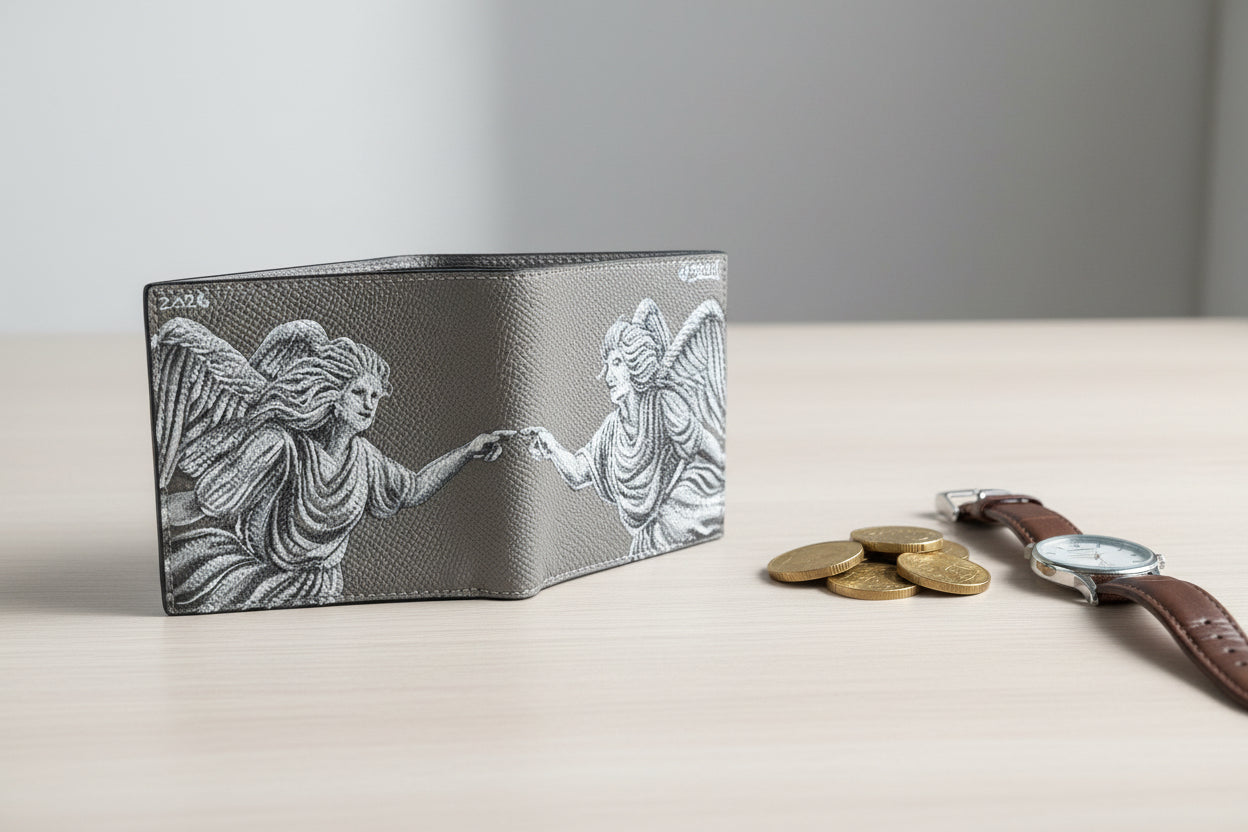 A textured gray bifold wallet with a detailed silver-white engraving of two winged classical figures reaching toward each other, displayed on a light wood surface next to a brown leather watch, gold coins, and a neutral gray background.