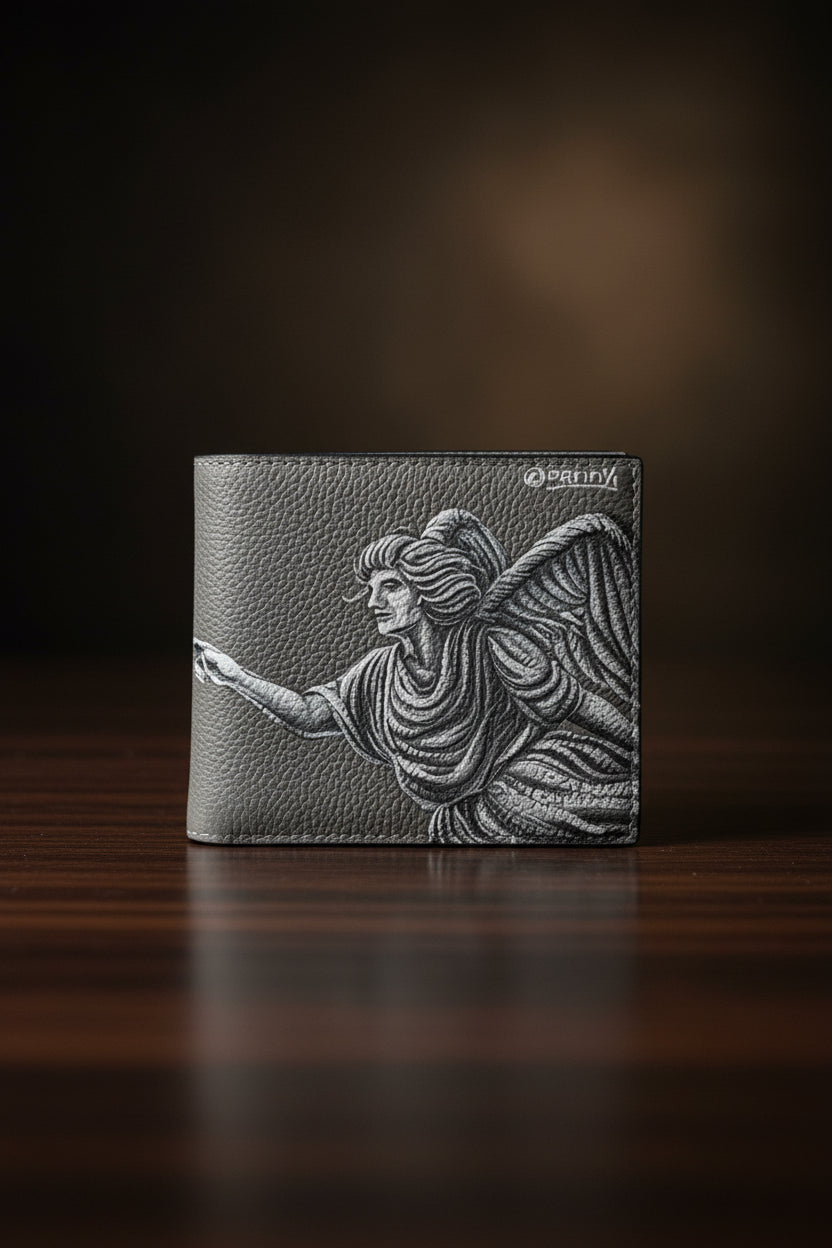 A textured gray leather bifold wallet featuring a detailed embossed winged figure design on the front, standing upright on a dark wooden surface against a dark brown background.