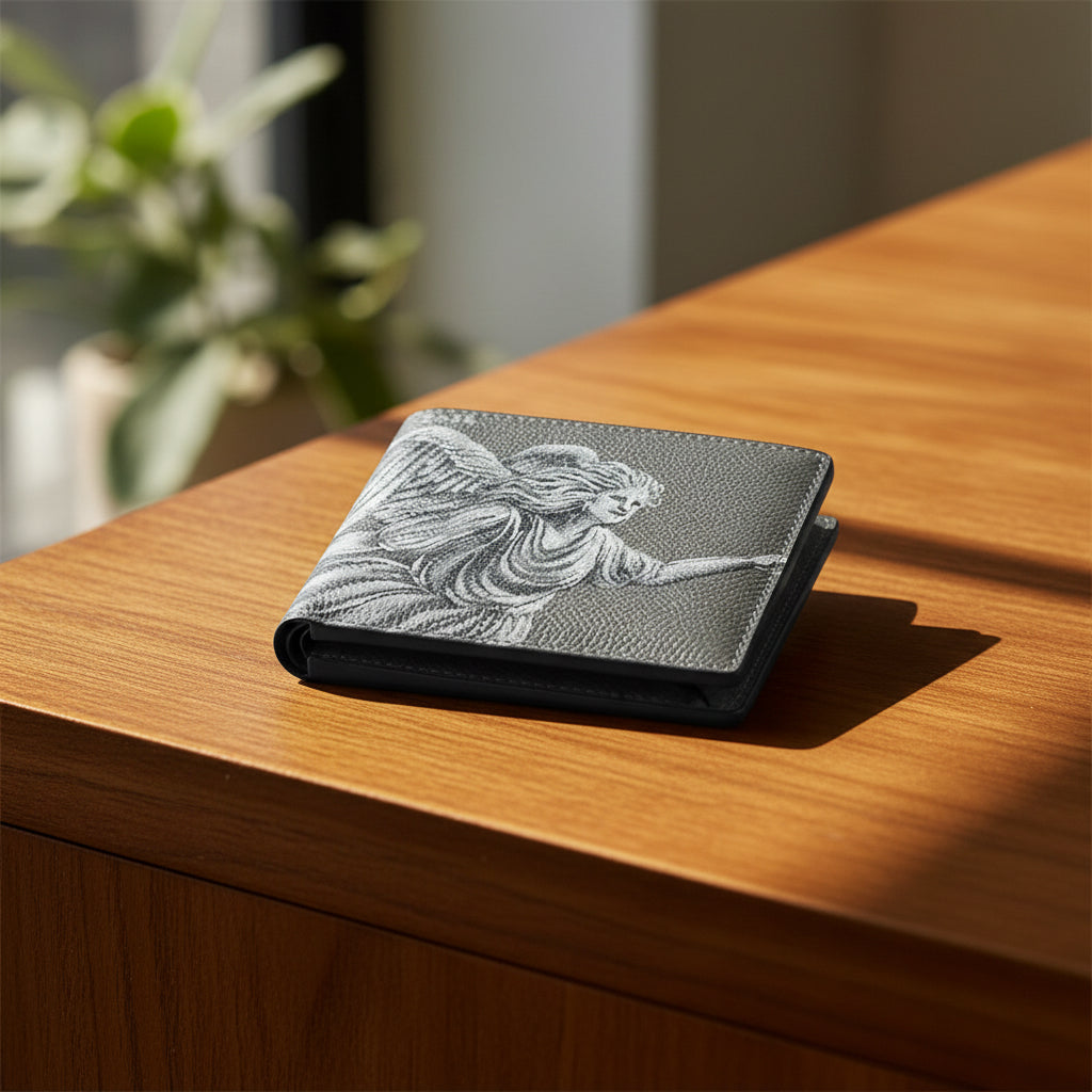 A gray textured leather wallet with a detailed white engraving of an angel, resting on a warm wooden table in natural sunlight.
