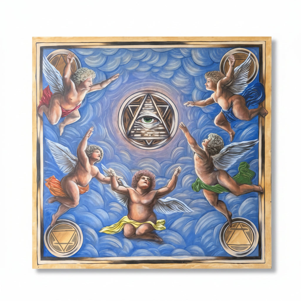 A large framed religious painting on an easel, depicting five winged cherubs surrounding a central eye-in-triangle symbol over swirling blue clouds, with gold geometric seals in the corners.