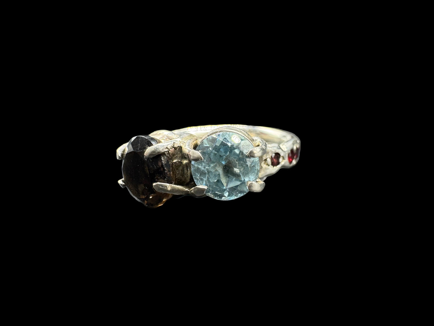 Nevada Smoky Quartz, Aquamarine & Garnet Ring Size 6