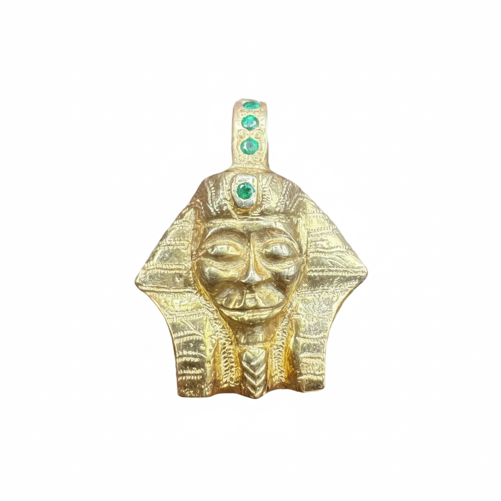 Gold-Plated Egyptian Pharaoh Pendant with Emeralds - Handcrafted Statement Jewelry