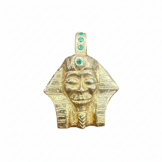 Gold-Plated Egyptian Pharaoh Pendant with Emeralds - Handcrafted Statement Jewelry