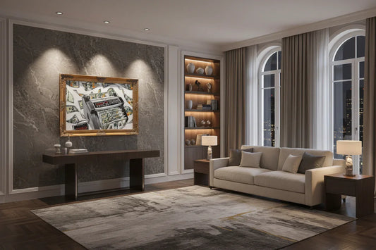 Modern living room with framed contemporary painting of cash and bill counter on marble wall