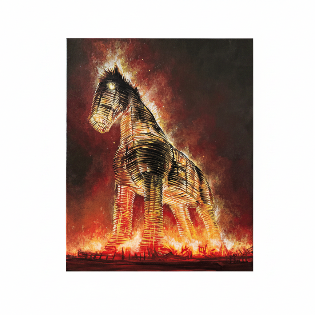 Year of the Burning Horse | 16” x 20” Original Trojan Horse Acrylic Painting by Orfinart