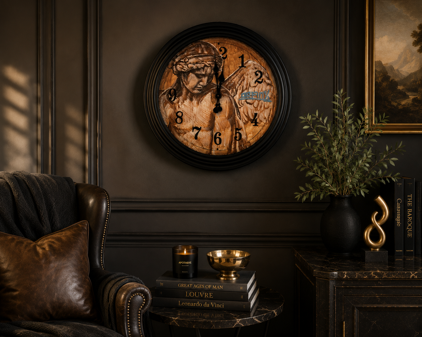 A round wall clock with a black frame and a distressed sepia wood-grain face featuring a Native American portrait and the words 'Red Cloud' and 'Sitting Bull'. The clock is styled in a dark, elegant room with a leather armchair, a side table with books and candles, and a potted plant.