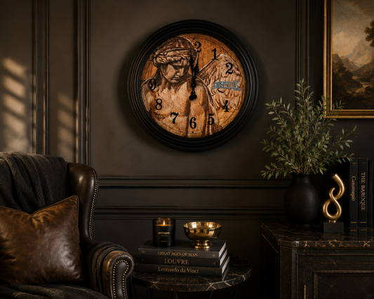 A round wall clock with a black frame and a distressed sepia wood-grain face featuring a Native American portrait and the words 'Red Cloud' and 'Sitting Bull'. The clock is styled in a dark, elegant room with a leather armchair, a side table with books and candles, and a potted plant.