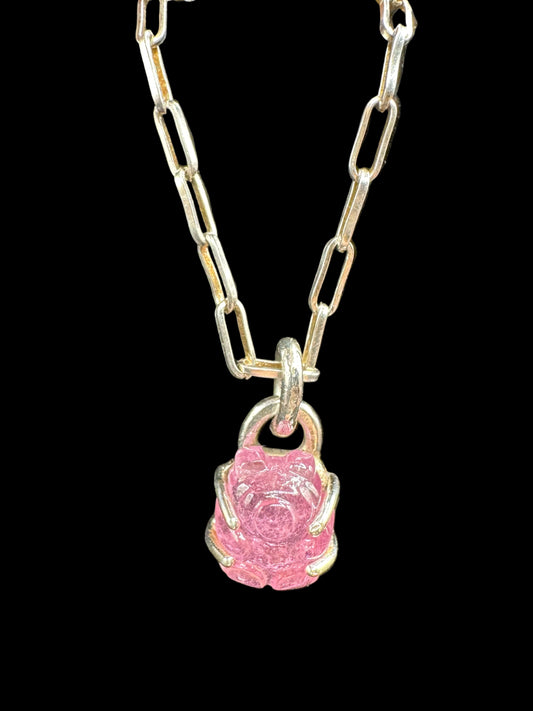 Hand Carved Pink Tourmaline Bear Charm 925 Silver Bracelet