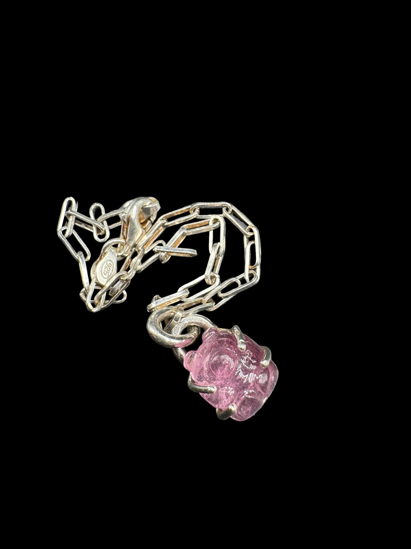 Hand Carved Pink Tourmaline Bear Charm 925 Silver Bracelet