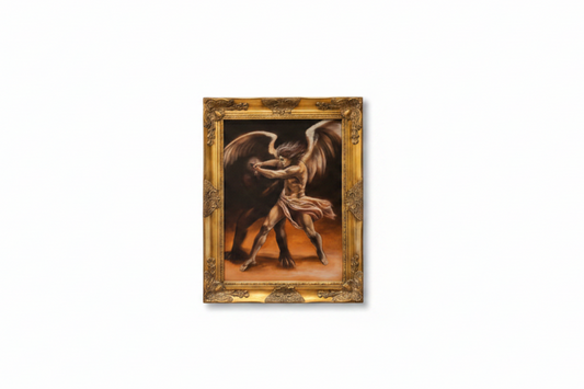A framed classical painting depicting two winged figures embracing against a dark background, enclosed in an ornate gold frame and centered on a plain white background.