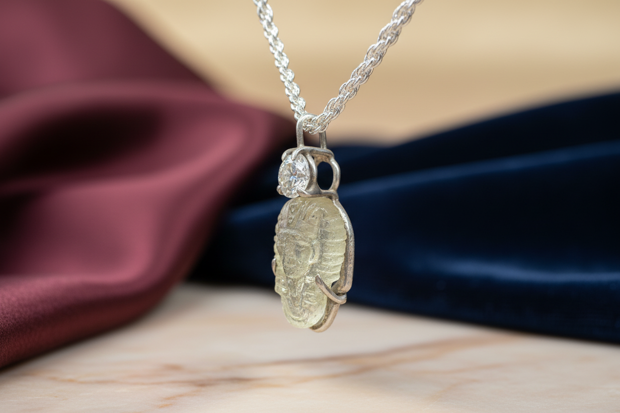 Libyan Tektite Pharaoh with Moissanite Silver Pendant