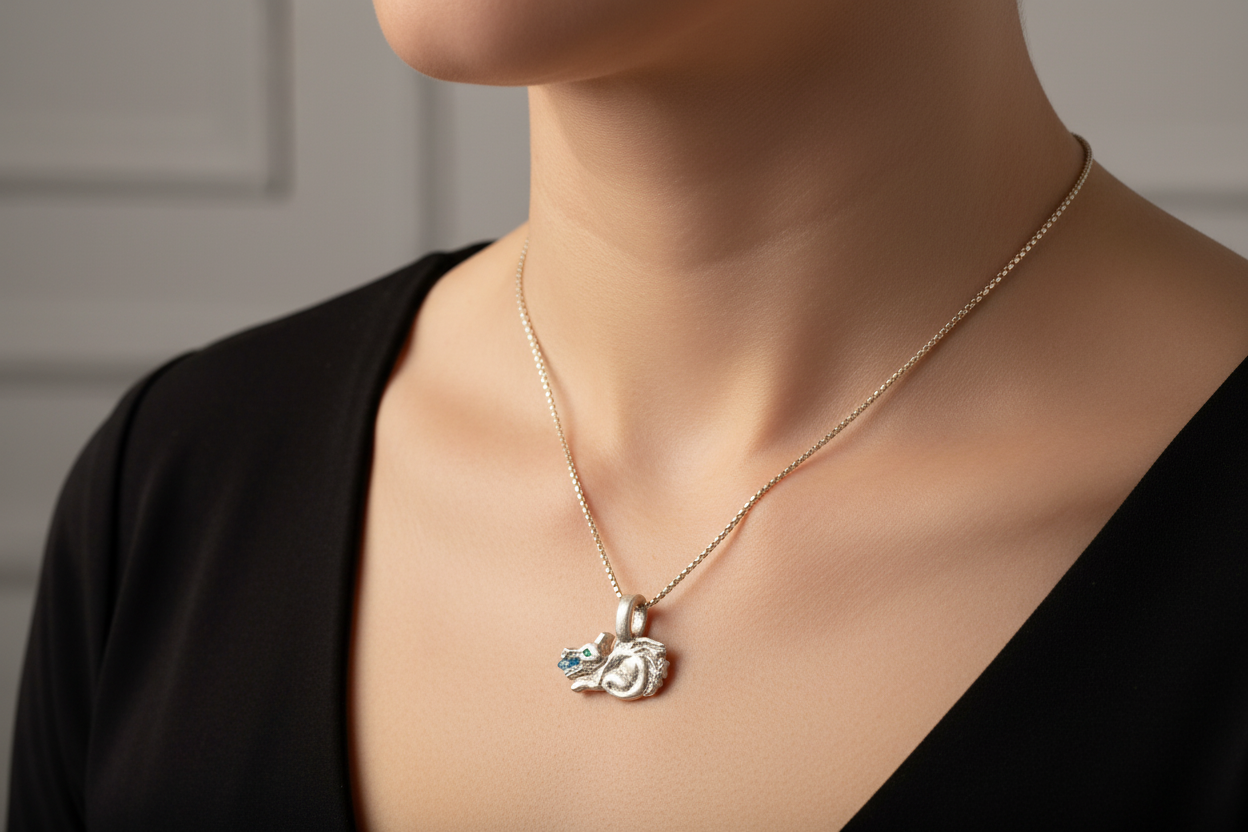 First Flame – Hand-Carved .925 Silver Dragon Pendant with Topaz Flame & Emerald Eyes