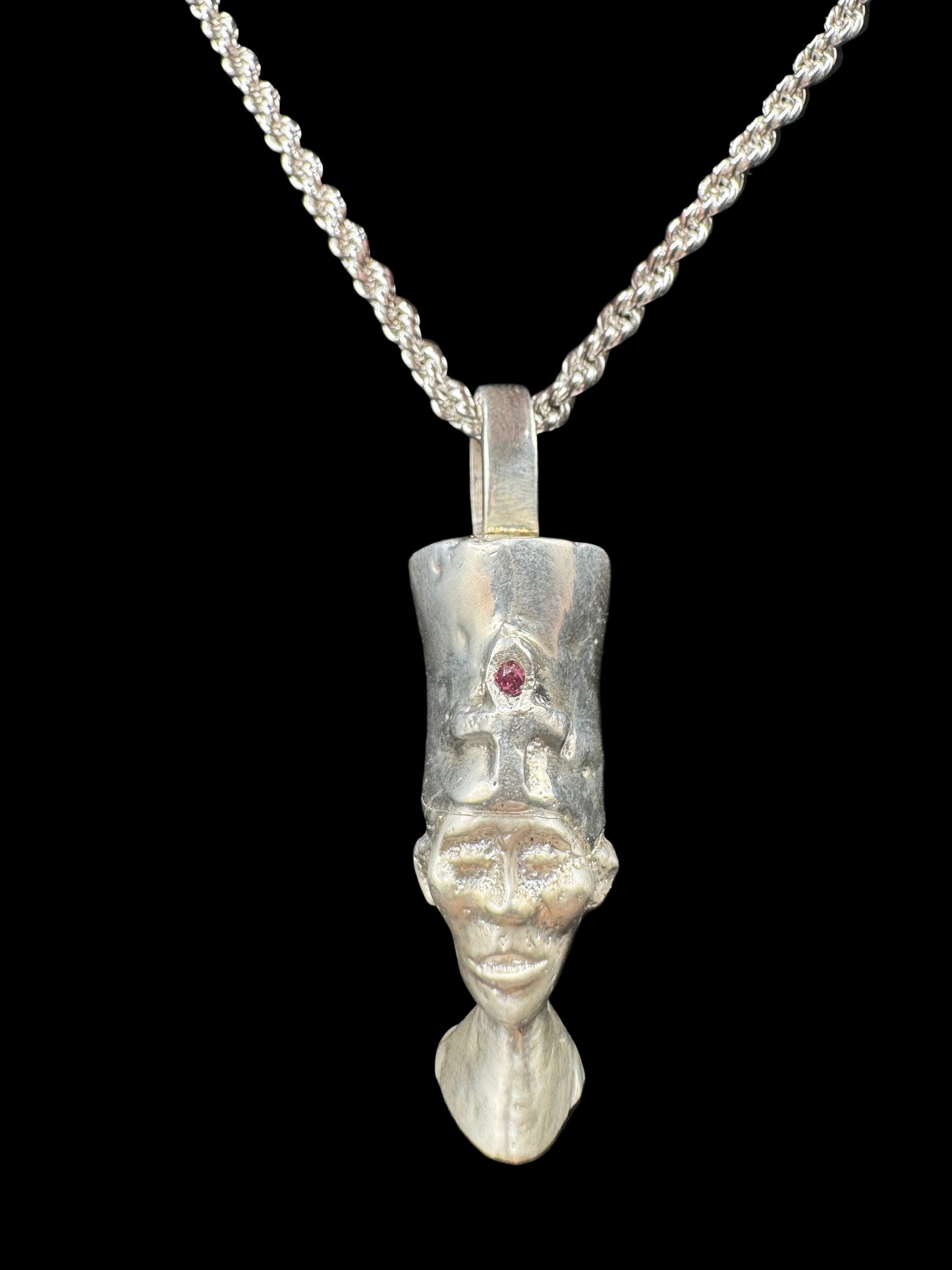 Hand-Carved Sterling Silver Egyptian Priest Pendant with Gemstone Headpiece & Rebirth Symbolism