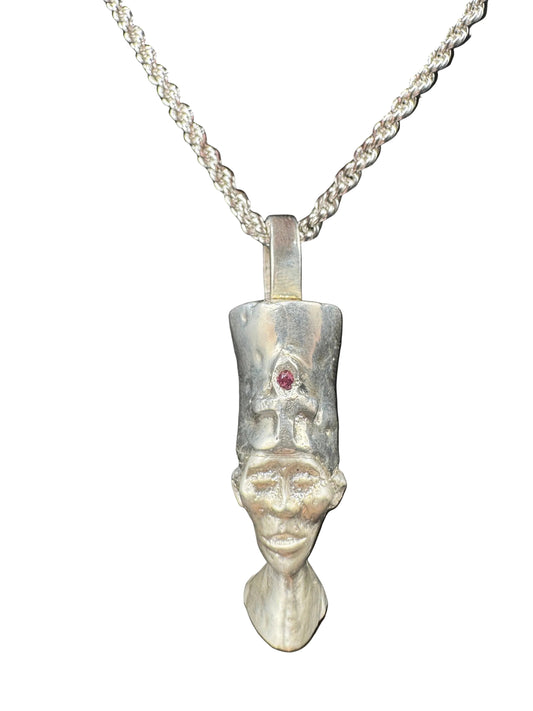 Hand-Carved Sterling Silver Egyptian Priest Pendant with Gemstone Headpiece & Rebirth Symbolism