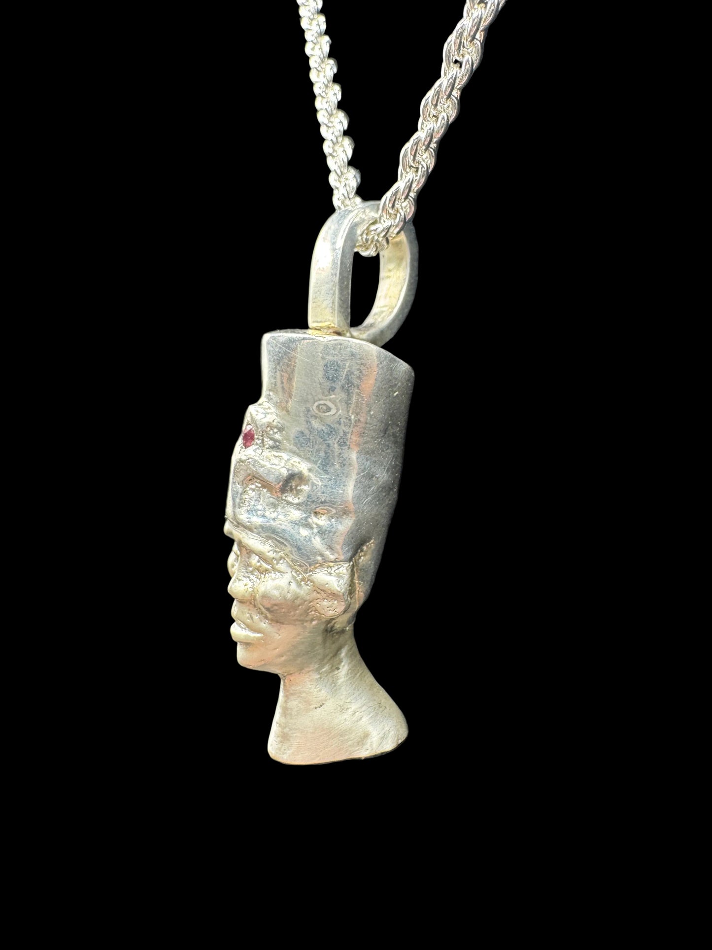 Hand-Carved Sterling Silver Egyptian Priest Pendant with Gemstone Headpiece & Rebirth Symbolism