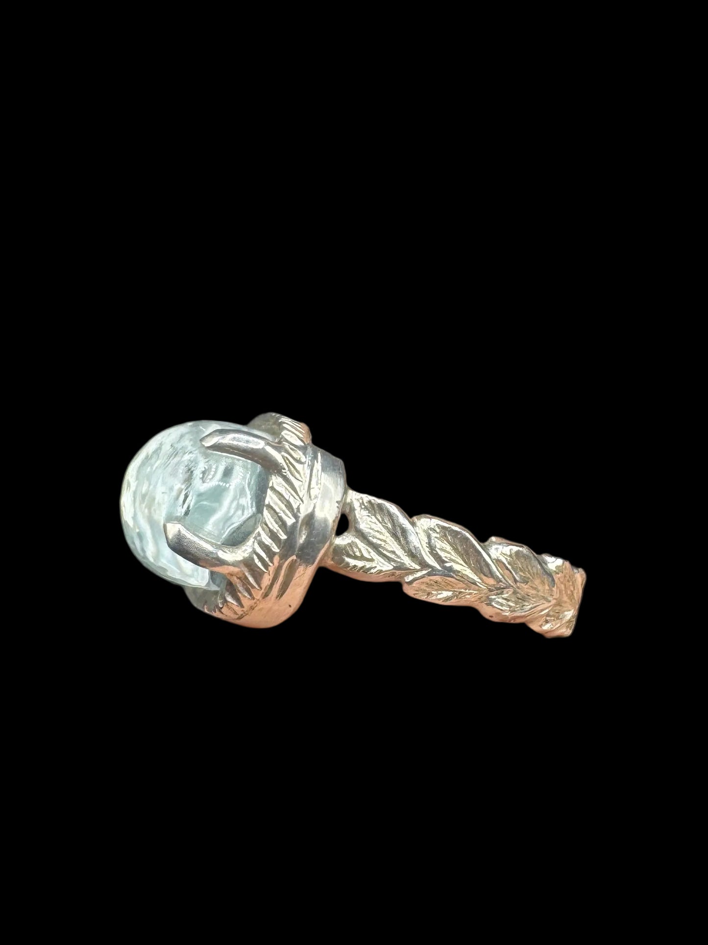 Aquamarine Cabochon Reverse Intaglio Flower 925 Silver Ring Size 7.5