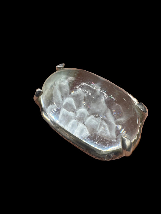 Aquamarine Cabochon Reverse Intaglio Flower 925 Silver Ring Size 7.5