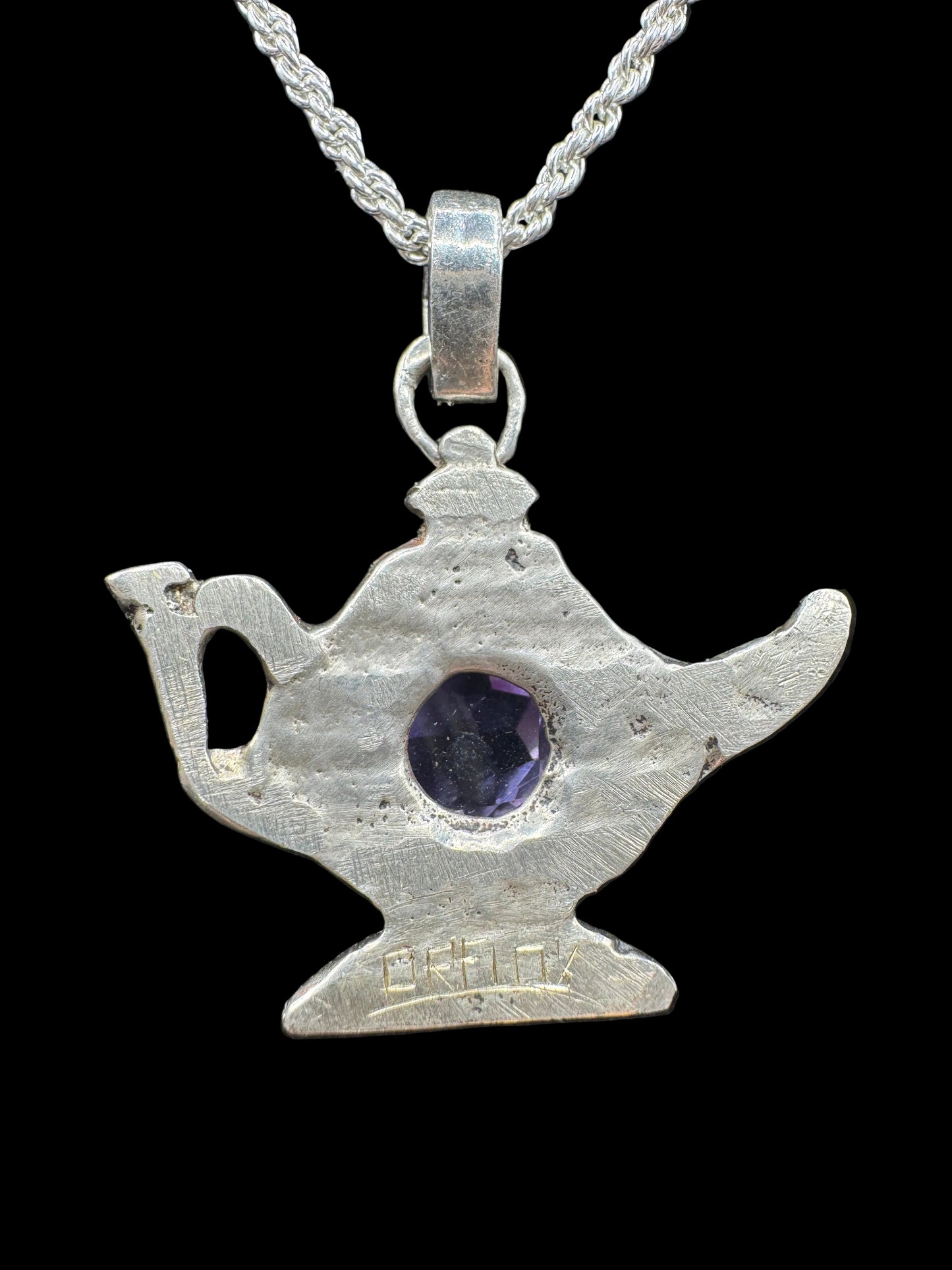 Engraved Genie Lamp — Amethyst & Hand-Carved 925 Silver Pendant