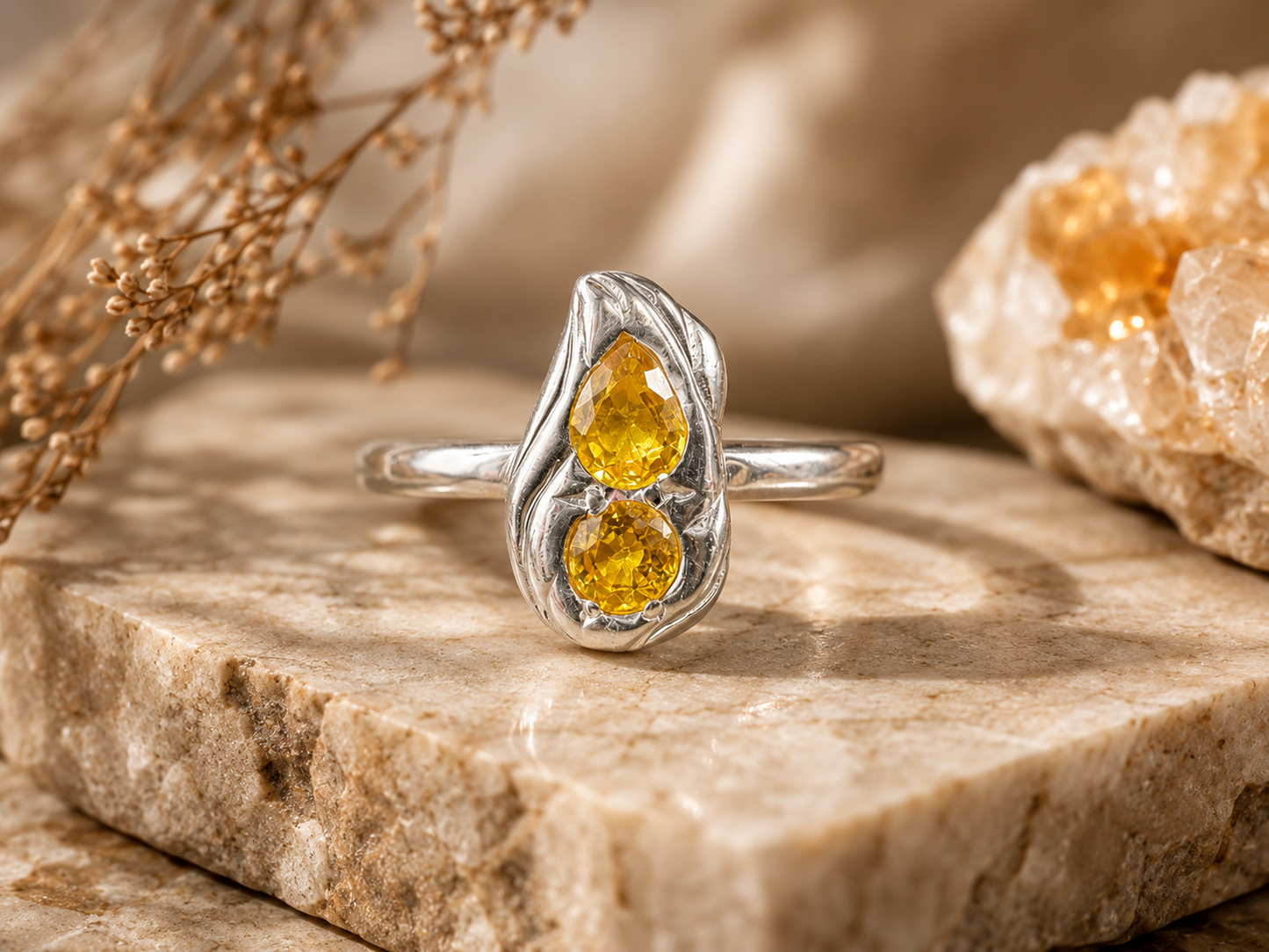 Handmade Yellow Sapphire Size 10 Ring in 950 Silver | Organic Artisan Ring | Orfinart
