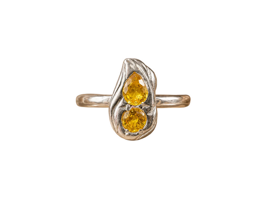 A silver ring with two yellow gemstones, displayed on a textured stone slab with dried flowers and a crystal cluster in the background.