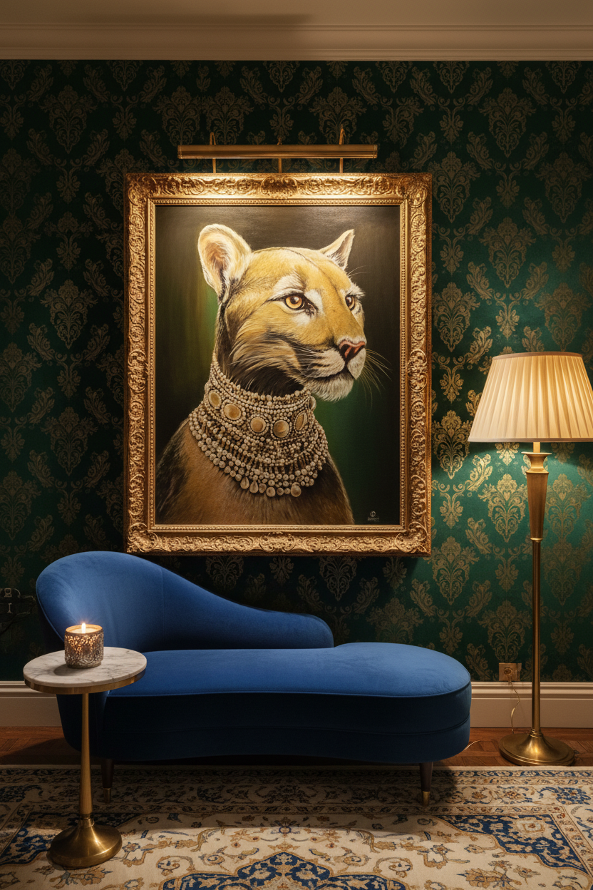 The Empress – 3ft x 4ft Original Cougar with Pearl Necklace Oil Painting